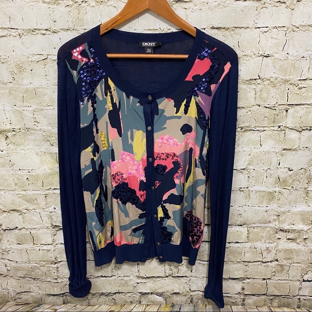 DKNY Black Label Blue Sequin Silk Watercolor Thin Knit Cardigan